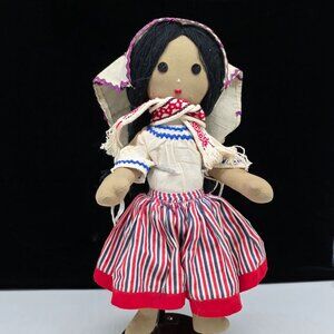Handcrafted Mexican Rag Cloth Doll With Stripe Rd White Blue Dress 15"